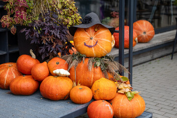 Autumn lanterns and pumpkin arrangements, preparing for Halloween celebration