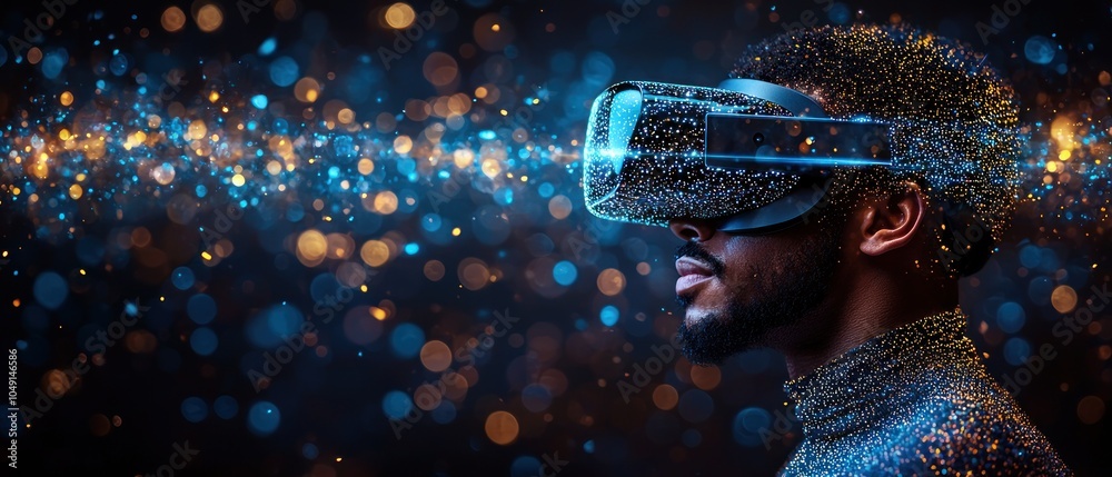 Poster a man immersed in a virtual reality experience with glittering effects