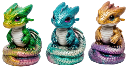 Colorful Baby Dragons With Rainbow Hues on Clear Background Generative AI