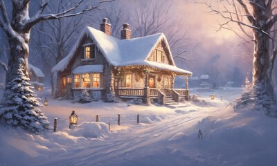 A cozy winter evening at a snow-covered cottage with glowing lights surrounded by trees in a serene landscape
