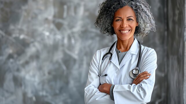 A smiling female doctor stands with her arms crossed, exuding confidence. She wears a white lab coat and has a stethoscope around her neck, showcasing her professionalism in a clinical environment.
