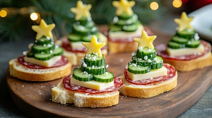 Christmas tree canap crafted with salami, cheese, and cucumbers, set on a baguette with room for copy, creating a festive appetizer spread.
