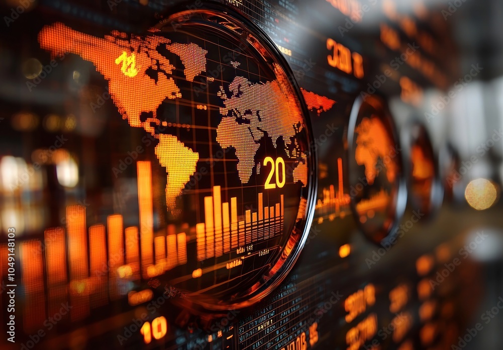 Poster Global Financial Data Display with a World Map, Bar Charts, and a Number 20
