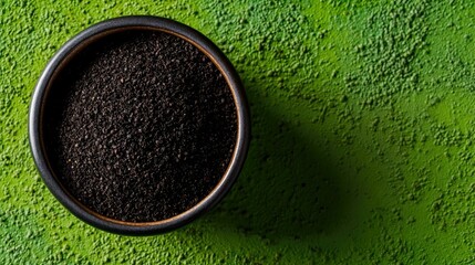 Close-up of a bowl of ground black pepper, placed on a vibrant green surface, showcasing the contrast between the dark spice and bright background.