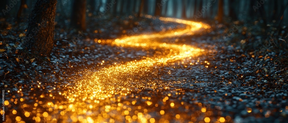 Poster a winding path of golden light through a dark forest