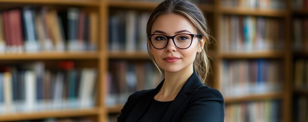 Confident Young Woman in Glasses Posing in a Library Setting