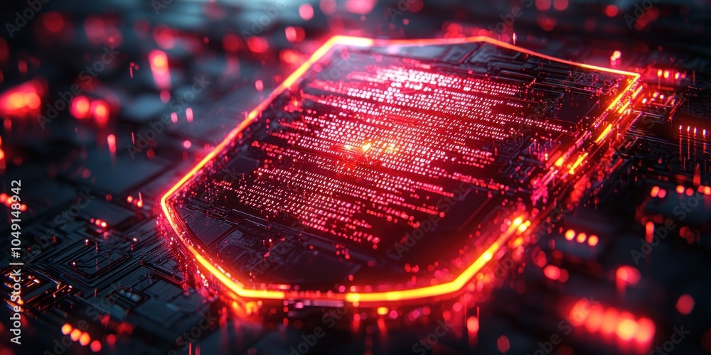 Poster Red Glowing Shield on a Circuit Board with Code