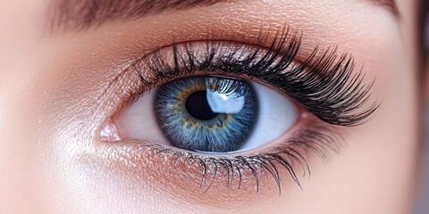 Obraz premium Close-up of a Blue Eye with Long Eyelashes and Shimmering Eye Shadow