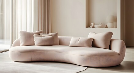 Fototapeta premium A soft rounded corner sofa in light tones on the background of an empty room with large windows. The interior design is minimal with smooth walls and concrete floors. Neutral wall colors and window