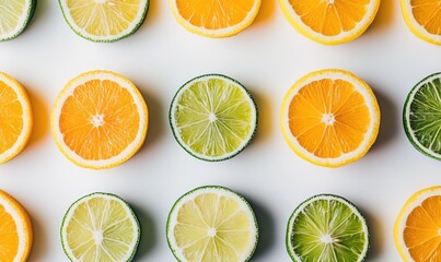 Fototapeta premium A row of oranges and limes are sliced in half and arranged in a pattern