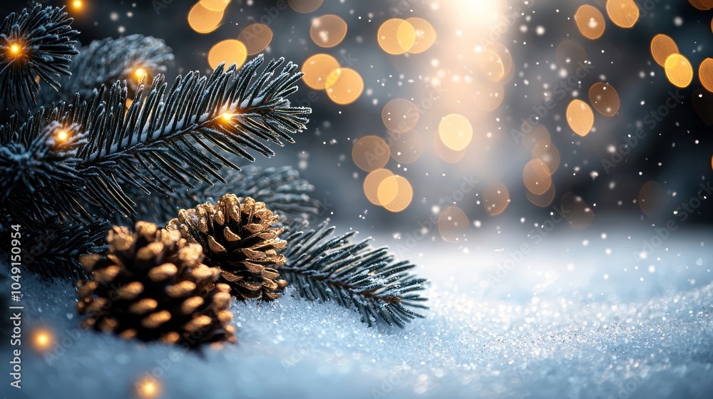 Poster pine branch and pine cones covered in snow with golden lights