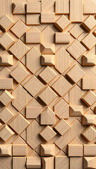 Diamond Shaped, Wood Mosaic Tiles arranged in the shape of a wall. 3D, Soft sheen, Blocks stacked to create a Natural block background. 3D Render isolated with white highlights, png
