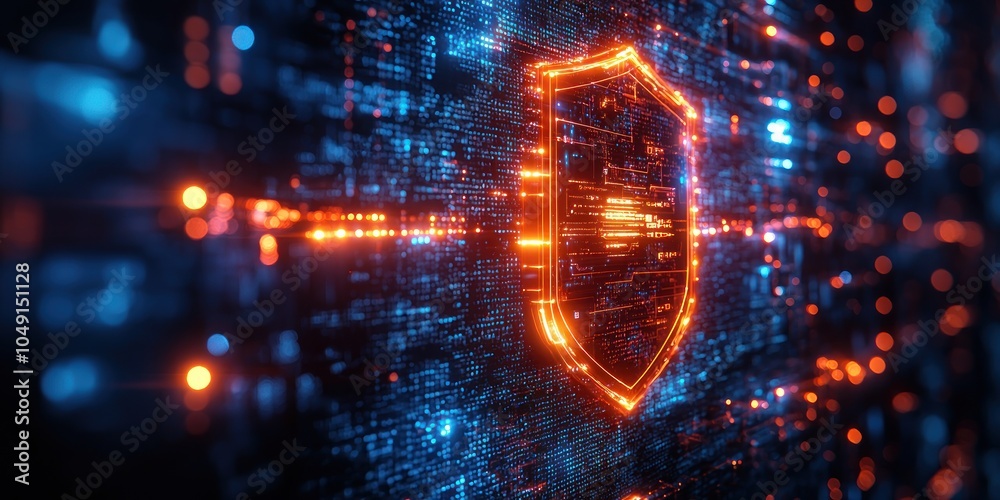 Poster glowing shield symbol on a digital background