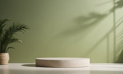 A minimalist display platform with a round base and shadow play from nearby plant in a softly lit green room