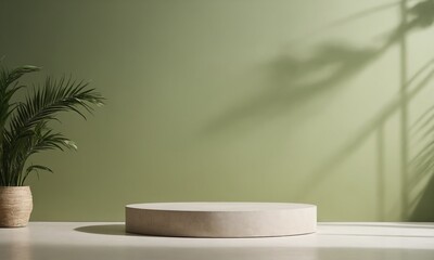 A minimalist display area featuring a round pedestal and a potted plant in natural light against a green wall background