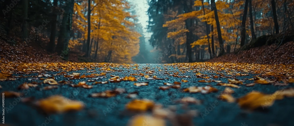 Poster a pathway through an autumn forest with fallen leaves