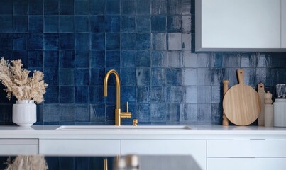 A kitchen with a blue tile backsplash and a gold faucet