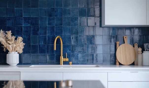 A kitchen with a blue tile backsplash and a gold faucet