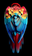Obraz premium A close-up view of a parrots wings showcases stunning, vibrant feathers in shades of red, blue, and yellow, emphasizing the intricate patterns and textures against a dark backdrop.