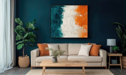 A living room with a large painting on the wall and a white couch