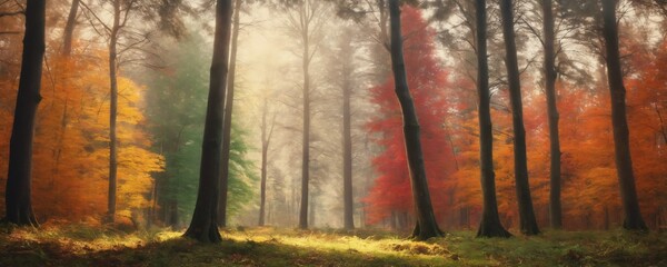 A tranquil autumn morning in a colorful forest filled with vibrant red, orange, and yellow trees bathed in gentle sunlight