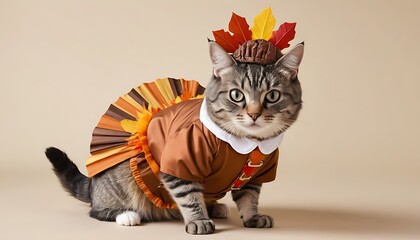 A cat wearing a cute Thanksgiving-themed outfit.