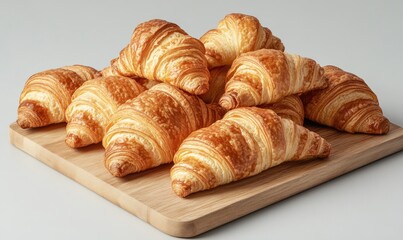 A wooden board with a stack of croissants on it