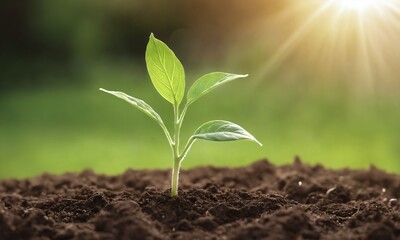 Fototapeta premium A young green plant emerges from rich soil under warm sunlight, symbolizing growth and new beginnings in a natural setting