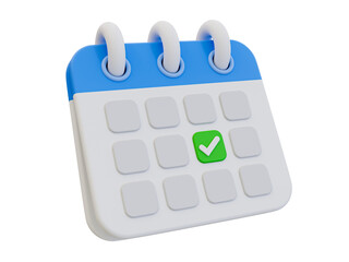 3D illustration of calendar icon with a green check mark, symbolizing completed tasks, planning, or scheduling.