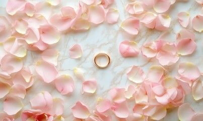 A ring is placed on top of a pile of pink petals