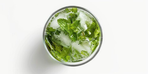 Glass of mint and ice water. The ice is melting and the mint is floating in the water