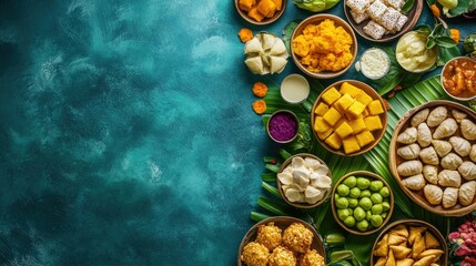 Fototapeta premium Indian sweets and snacks arranged for harvest festivals like Pongal and Makar Sankranti, with colorful display and ample copy space.