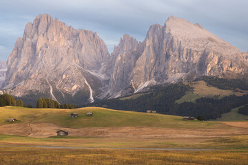 Obraz premium Awe-inspiring view of Alpe di Siusi in the Italian Dolomites, South Tyrol, with rustic huts on alpine grasslands under serene morning light.
