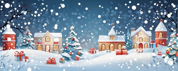 Snowy winter village adorned with Christmas decorations and gifts under a starry night sky