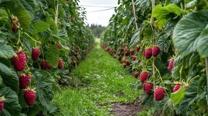 Lush raspberry bushes loaded with ripe fruit on a small, eco-friendly organic farm, promoting sustainable agriculture.