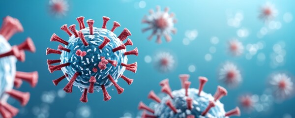 Fototapeta premium Microscopic view of coronavirus particles in a blue background illustrating viral structure during a pandemic in scientific research