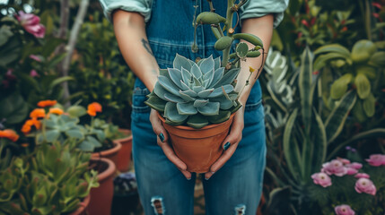 A person holding a succulent plant in a terra cotta pot surrounded by lush greenery in a vibrant garden setting