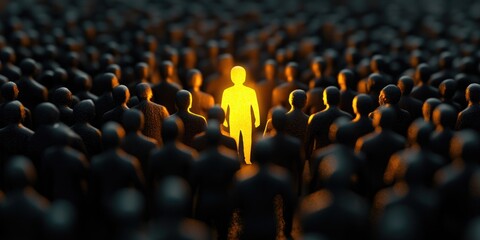 Obraz premium Man stands out in a crowd of people. The man is surrounded by many people, but he is the only one that is highlighted. Concept of importance and leadership, as the man is the center of attention