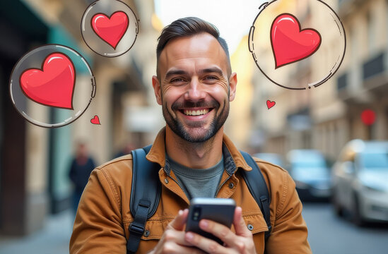 Happy man using a smartphone with floating heart emojis, depicting modern dating and romance in an urban setting. Valentine Day concept. 