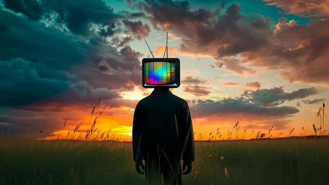 Person with retro tv head in a field at sunset, surreal concept. Creativity and imagination theme