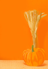 ears of wheat and artificial pumpkin