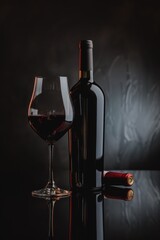 Bottle of red wine and a wine glass are placed on a table. The wine glass is half full of wine, and the bottle is open, with a cork still in it. Concept of relaxation and enjoyment
