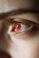 Woman's eye is glowing red. The eye is surrounded by a blurry, hazy area