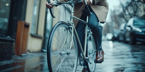 Man is riding a bicycle down a wet street. Concept of freedom and adventure, as the man is enjoying the ride despite the rain. The wet pavement adds a sense of challenge and excitement to the scene