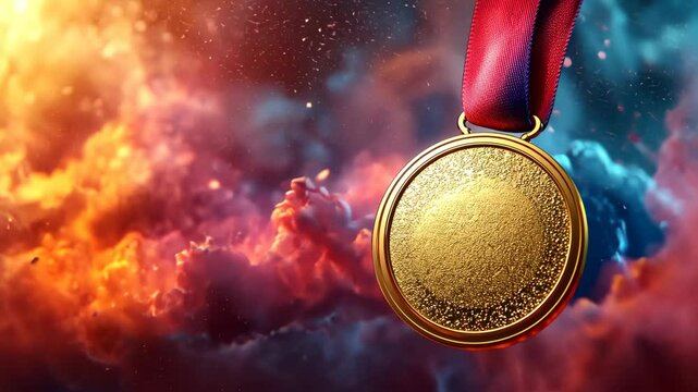 Gold medal with red ribbon against vibrant cloud background. Achievement and success concept
