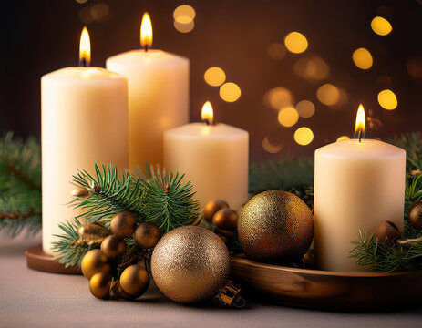 velas encendidas de navidad con adornos navide&ntilde;os y lucecitas de ambiente navide&ntilde;o