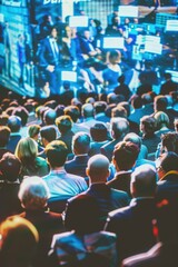 Obraz premium Large crowd of people are gathered in a room, watching a presentation. The atmosphere is lively and energetic, with people engaged in the event