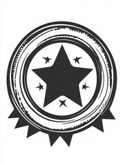 Black and white star with a circle around it. The circle is a ribbon and the star is surrounded by five other stars