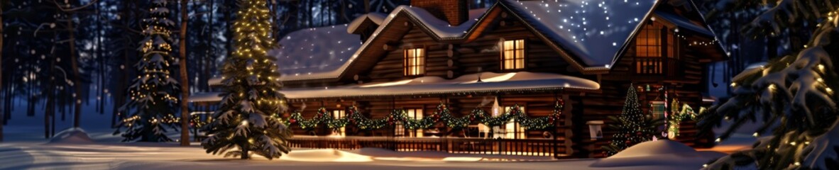 Fototapeta premium Cozy winter log cabin panorama in snowy forest lights decorations wreaths and glowing windows at dusk, Christmas trees covered in fresh snow, holiday banner