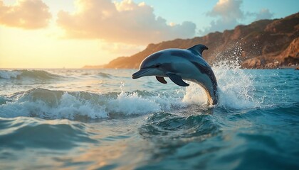 Fototapeta premium Dolphin Leaping from the Ocean at Sunset with Coastal Background